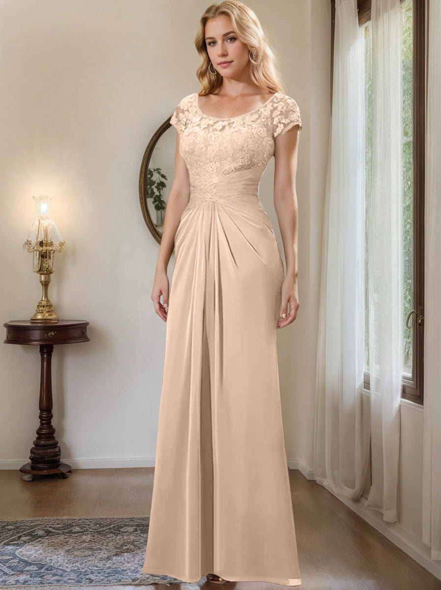 Long Chiffon Mother of the Bride Dress with Lace Ruffle and Sheath Column Scoop