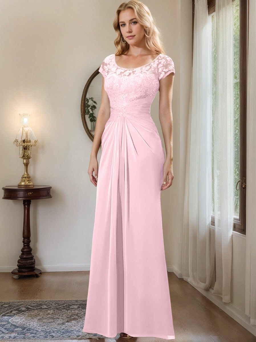 Long Chiffon Mother of the Bride Dress with Lace Ruffle and Sheath Column Scoop
