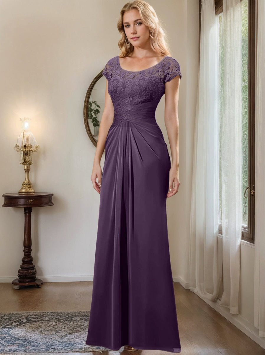 Long Chiffon Mother of the Bride Dress with Lace Ruffle and Sheath Column Scoop
