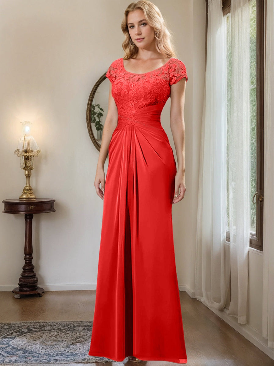 Long Chiffon Mother of the Bride Dress with Lace Ruffle and Sheath Column Scoop