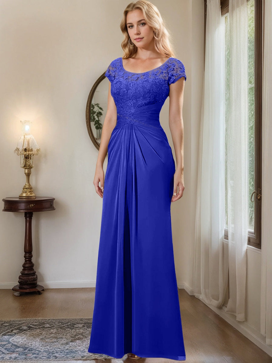 Long Chiffon Mother of the Bride Dress with Lace Ruffle and Sheath Column Scoop
