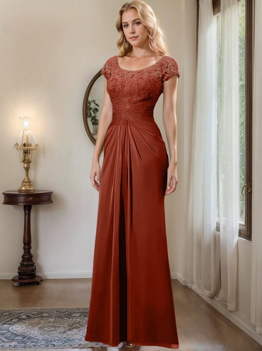 Long Chiffon Mother of the Bride Dress with Lace Ruffle and Sheath Column Scoop