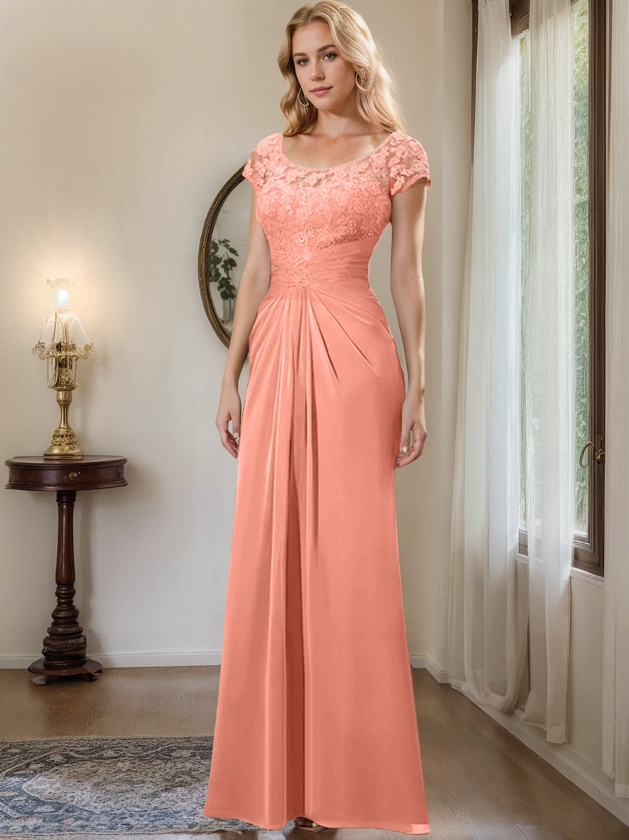 Long Chiffon Mother of the Bride Dress with Lace Ruffle and Sheath Column Scoop