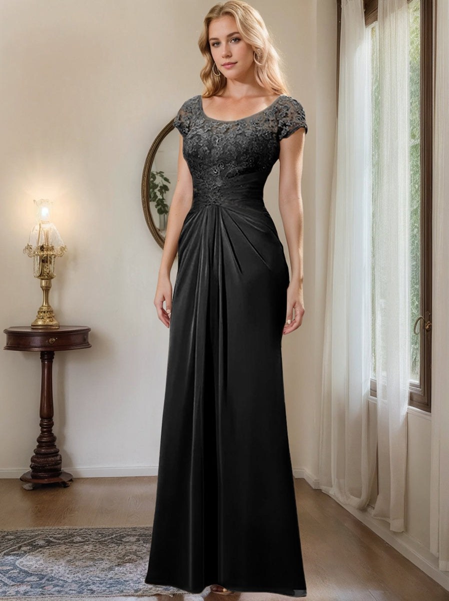 Long Chiffon Mother of the Bride Dress with Lace Ruffle and Sheath Column Scoop
