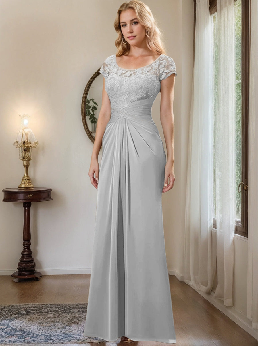 Long Chiffon Mother of the Bride Dress with Lace Ruffle and Sheath Column Scoop