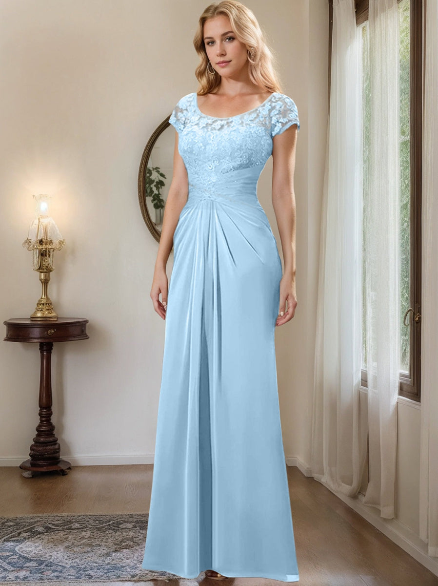 Long Chiffon Mother of the Bride Dress with Lace Ruffle and Sheath Column Scoop