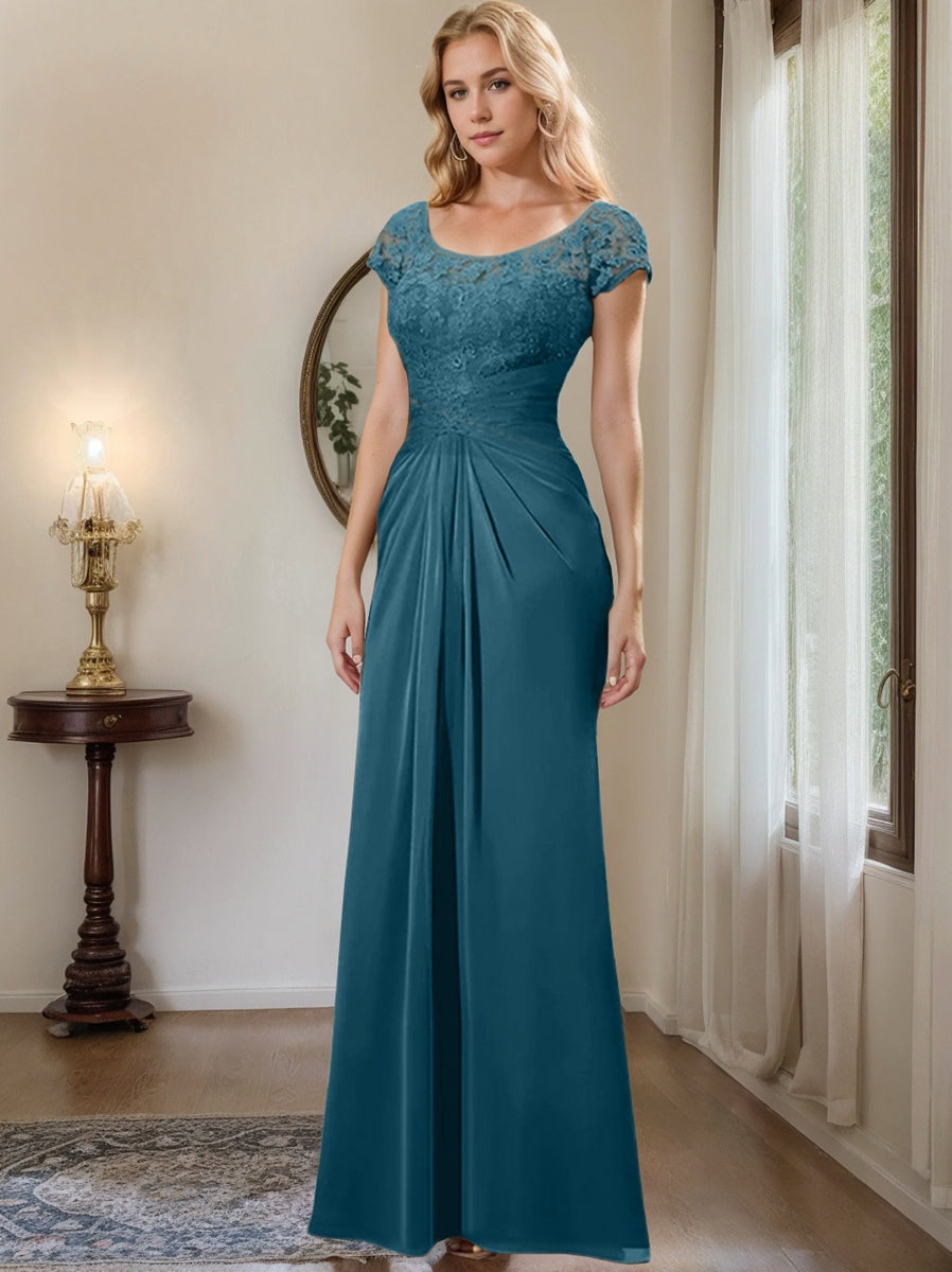 Long Chiffon Mother of the Bride Dress with Lace Ruffle and Sheath Column Scoop