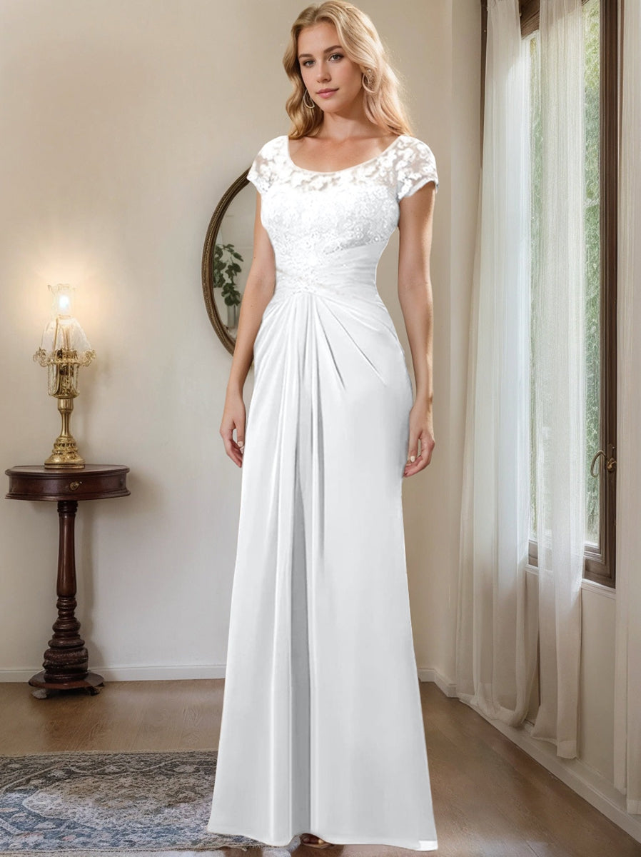 Long Chiffon Mother of the Bride Dress with Lace Ruffle and Sheath Column Scoop