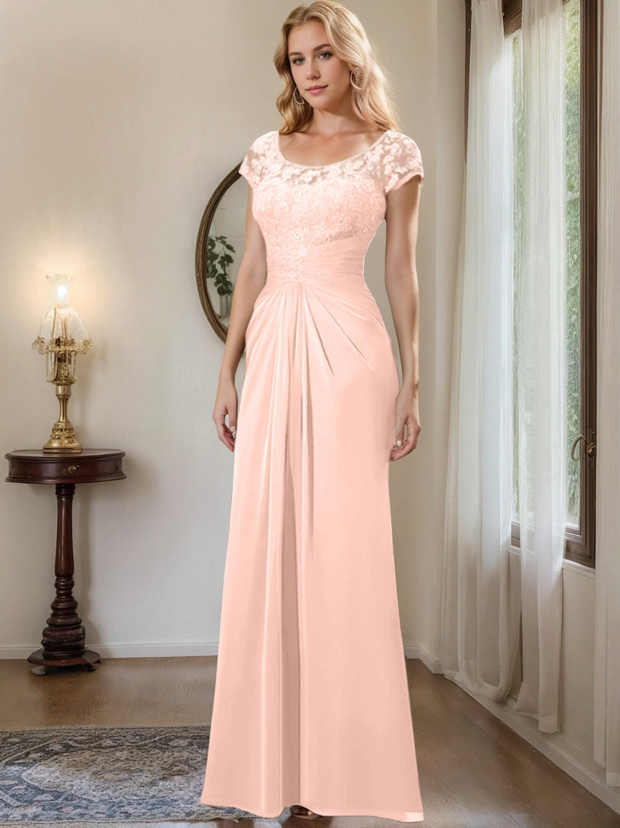 Long Chiffon Mother of the Bride Dress with Lace Ruffle and Sheath Column Scoop