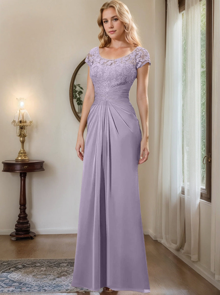 Long Chiffon Mother of the Bride Dress with Lace Ruffle and Sheath Column Scoop