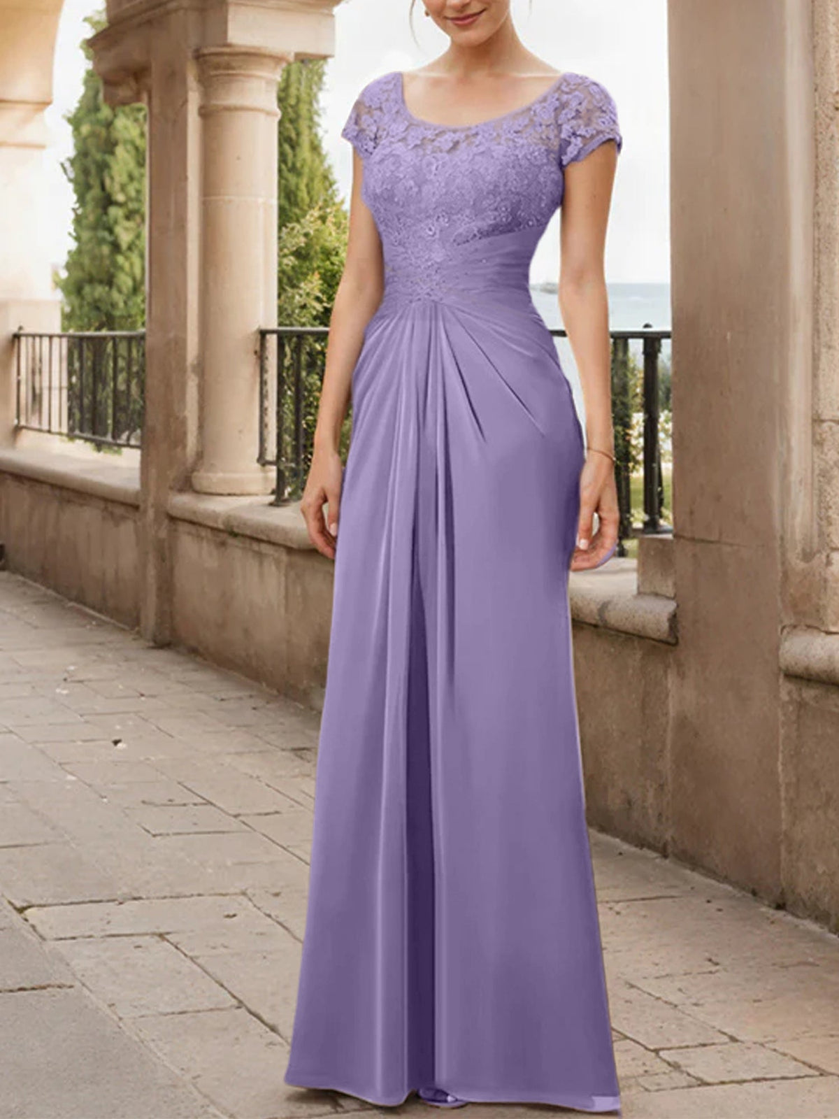 Long Chiffon Mother of the Bride Dress with Lace Ruffle and Sheath Column Scoop