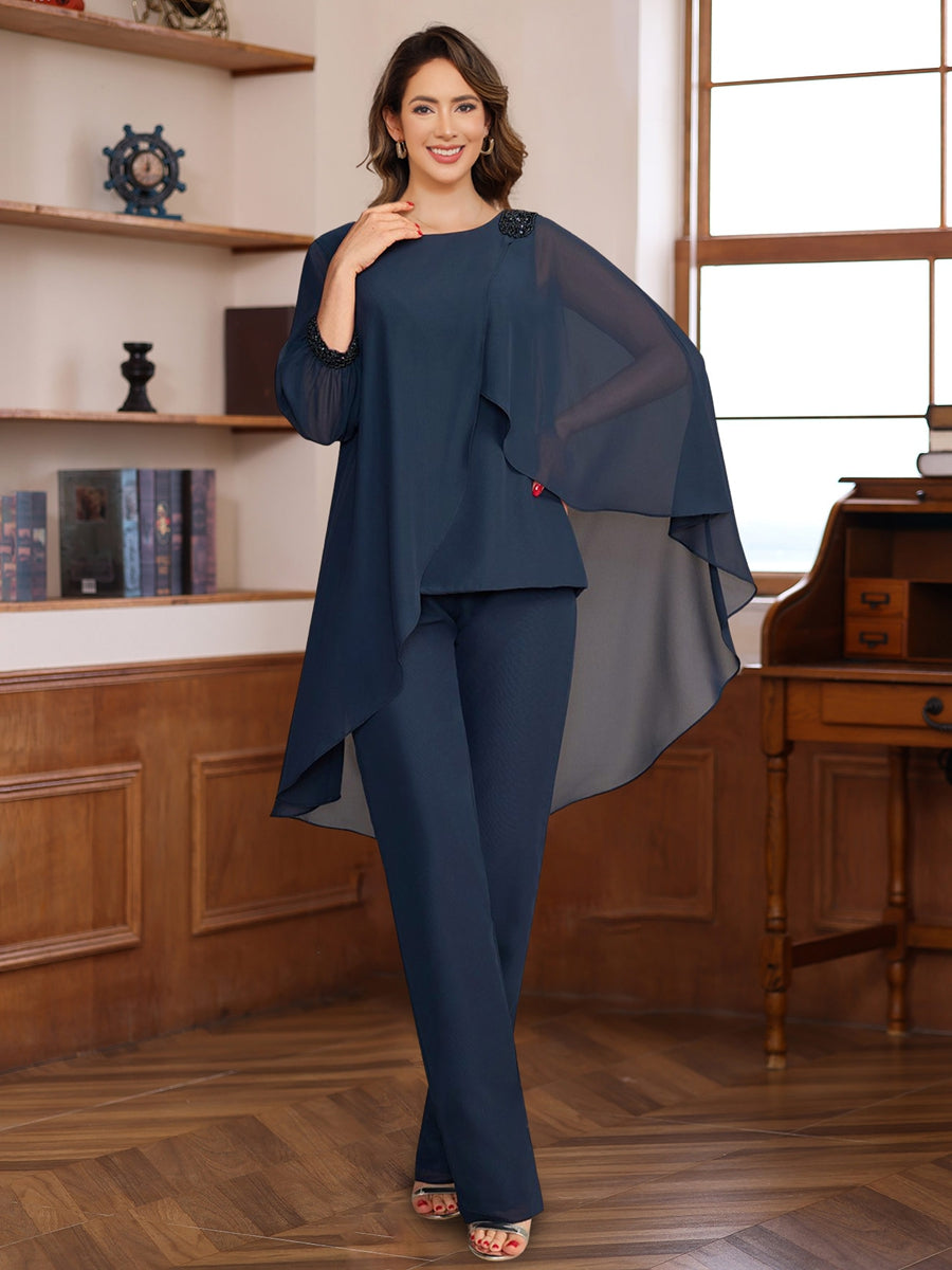 Long Chiffon Mother of the Bride Pantsuits with Ruffles Sequins and Beading 2 Pieces