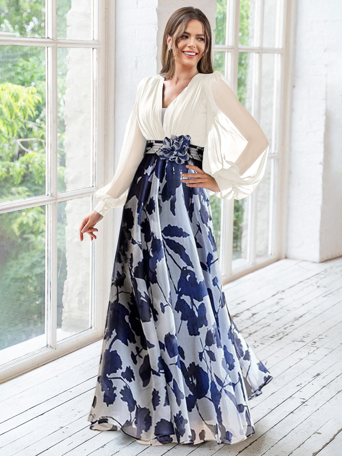Long Floral Mother of the Bride V Neck A Line Dress With Long Sleeves and Flower