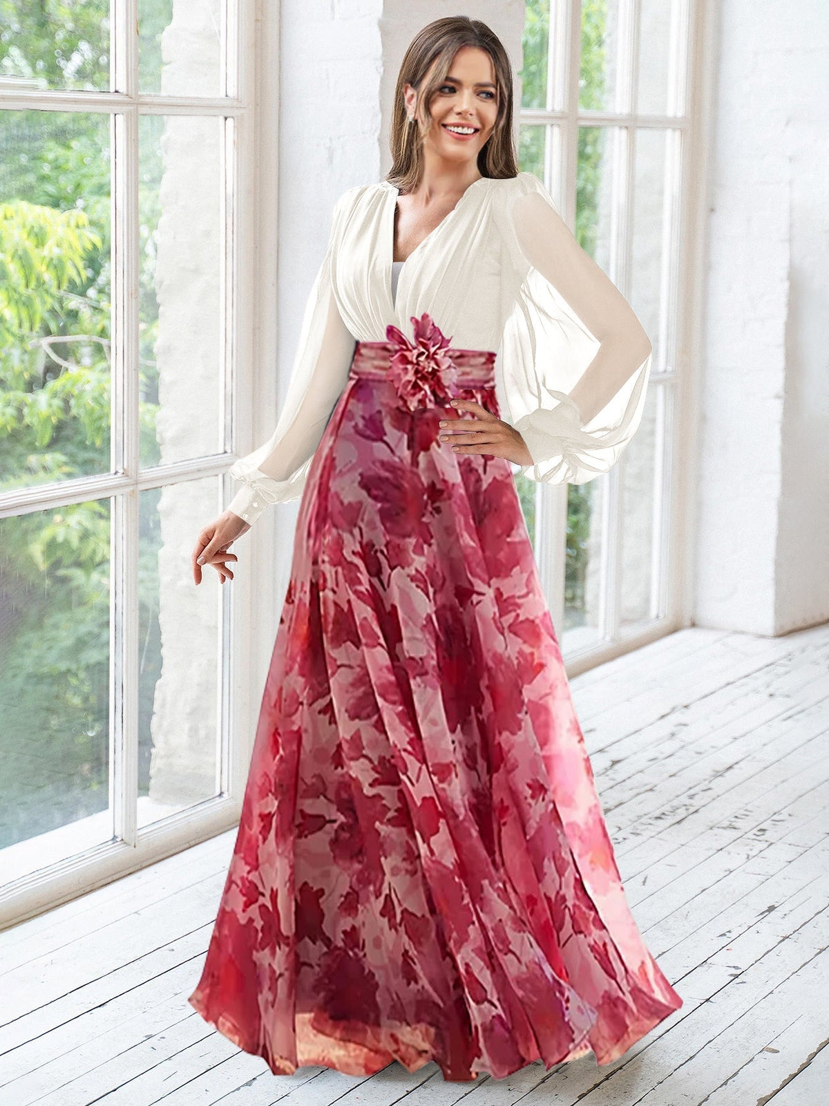 Long Floral Mother of the Bride V Neck A Line Dress With Long Sleeves and Flower