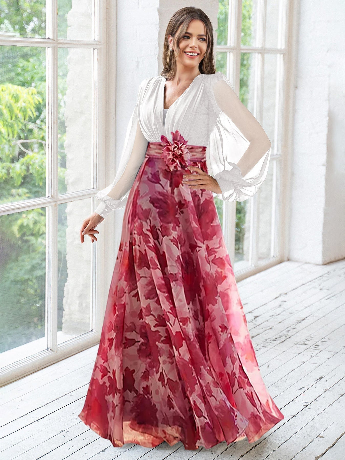 Long Floral Mother of the Bride V Neck A Line Dress With Long Sleeves and Flower