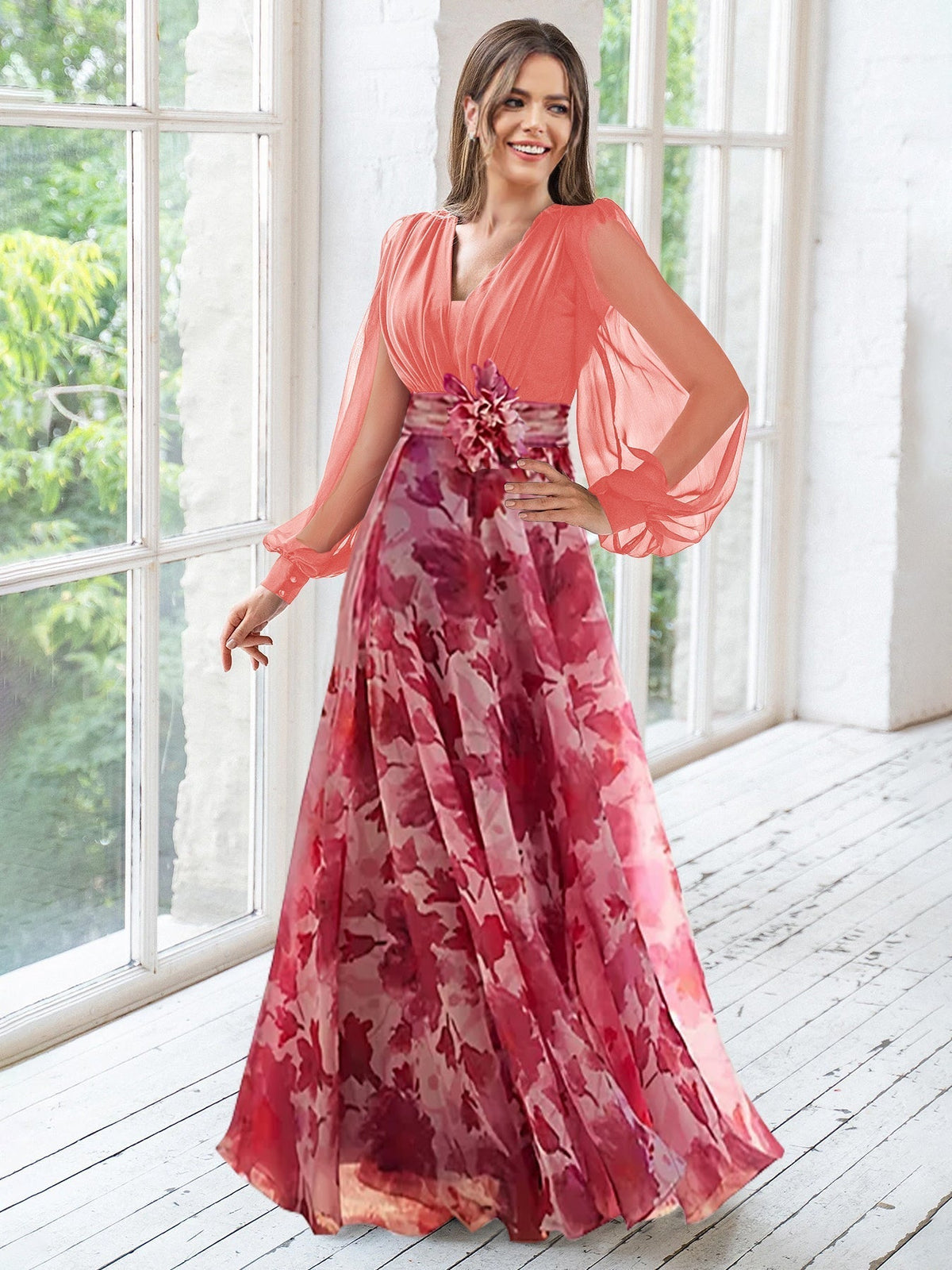 Long Floral Mother of the Bride V Neck A Line Dress With Long Sleeves and Flower