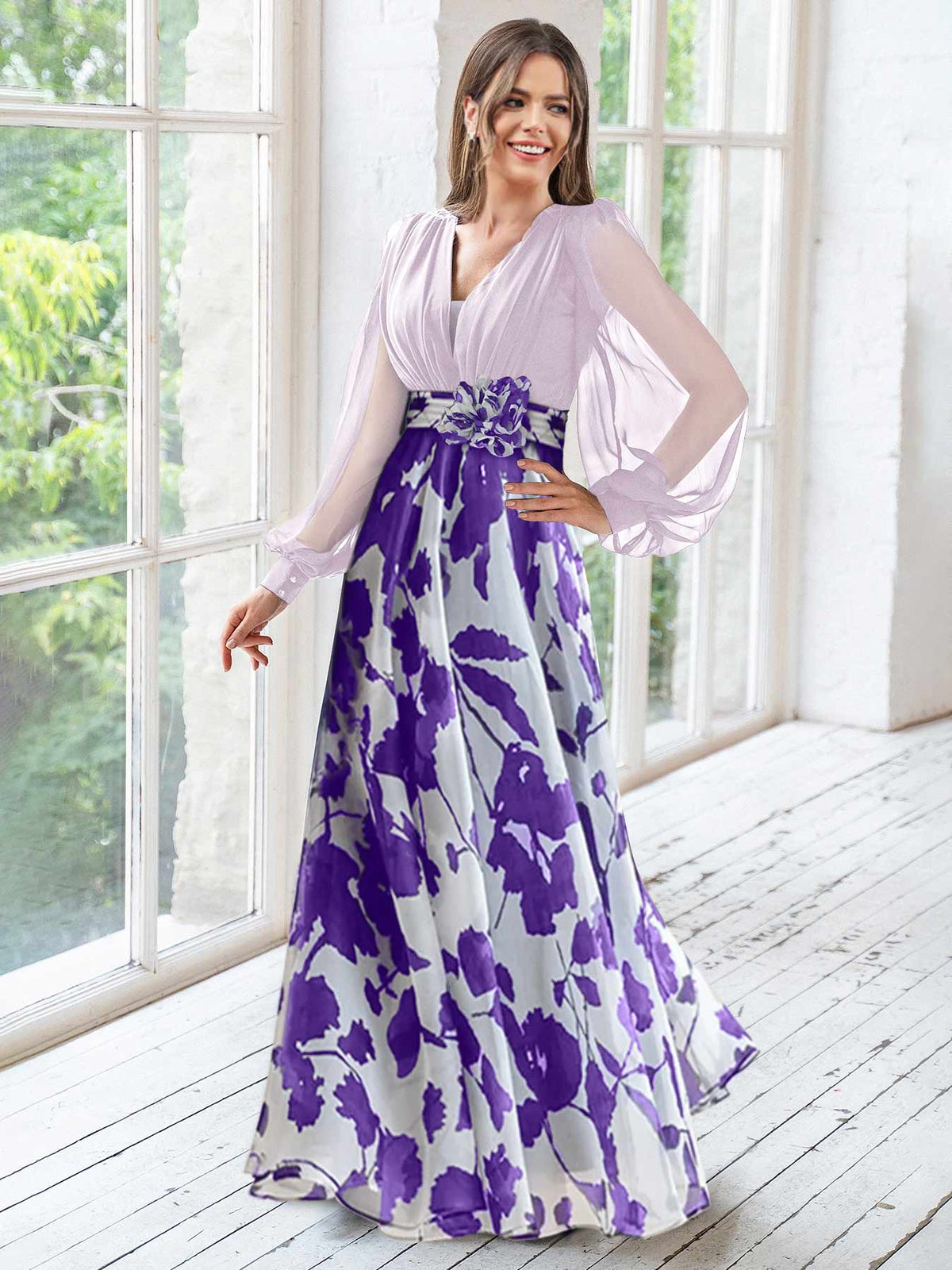 Long Floral Mother of the Bride V Neck A Line Dress With Long Sleeves and Flower