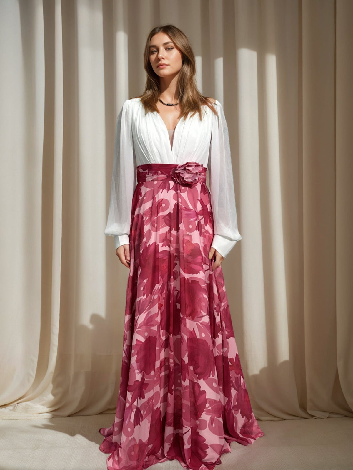 Long Floral Mother of the Bride V Neck A Line Dress With Long Sleeves and Flower