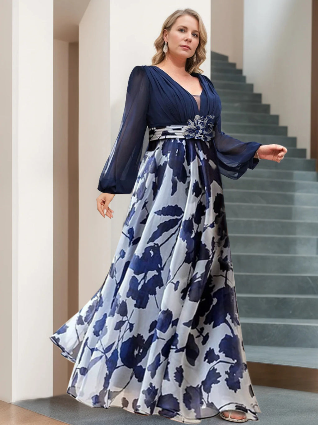 Long Floral Mother of the Bride V Neck A Line Dress With Long Sleeves and Flower