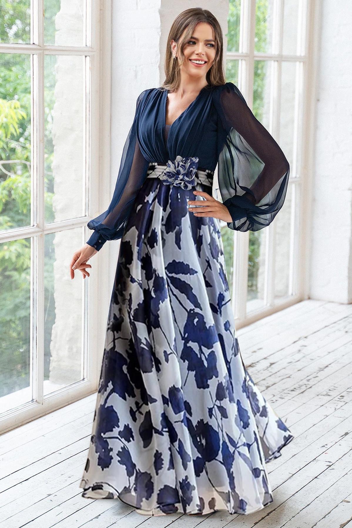 Long Floral Mother of the Bride V Neck A Line Dress With Long Sleeves and Flower