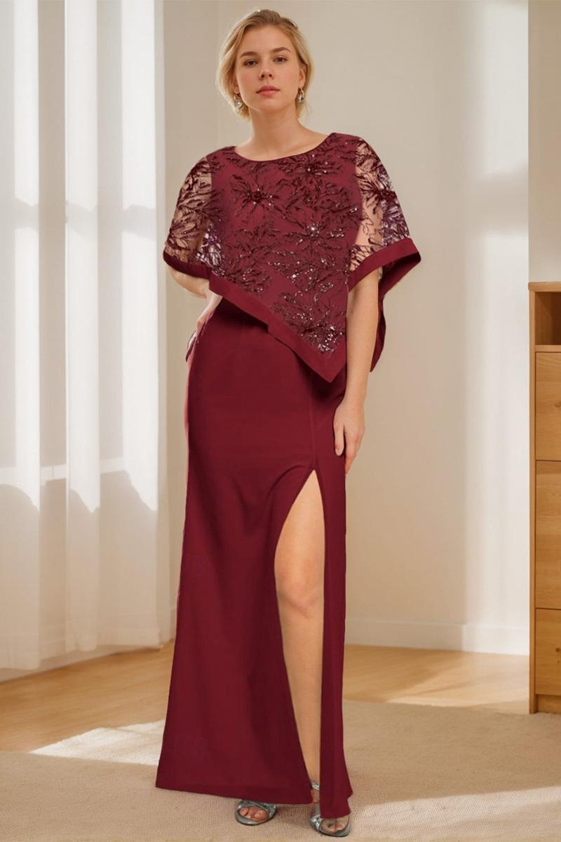 Long Mermaid Trumpet Mother of the Bride Jewel Neck Gown with Side Split & Appliques