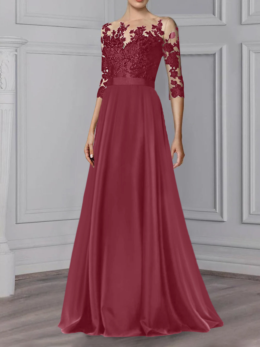 Long Mother of the Bride A Line Dress with Jewel Neck and 3/4 Sleeves