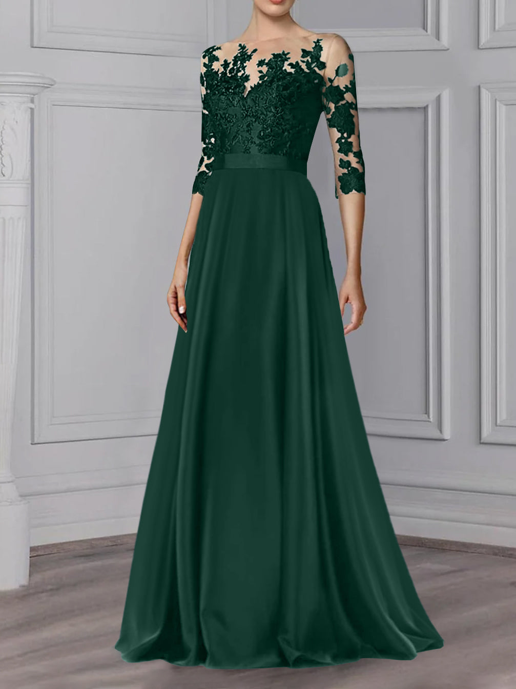 Long Mother of the Bride A Line Dress with Jewel Neck and 3/4 Sleeves
