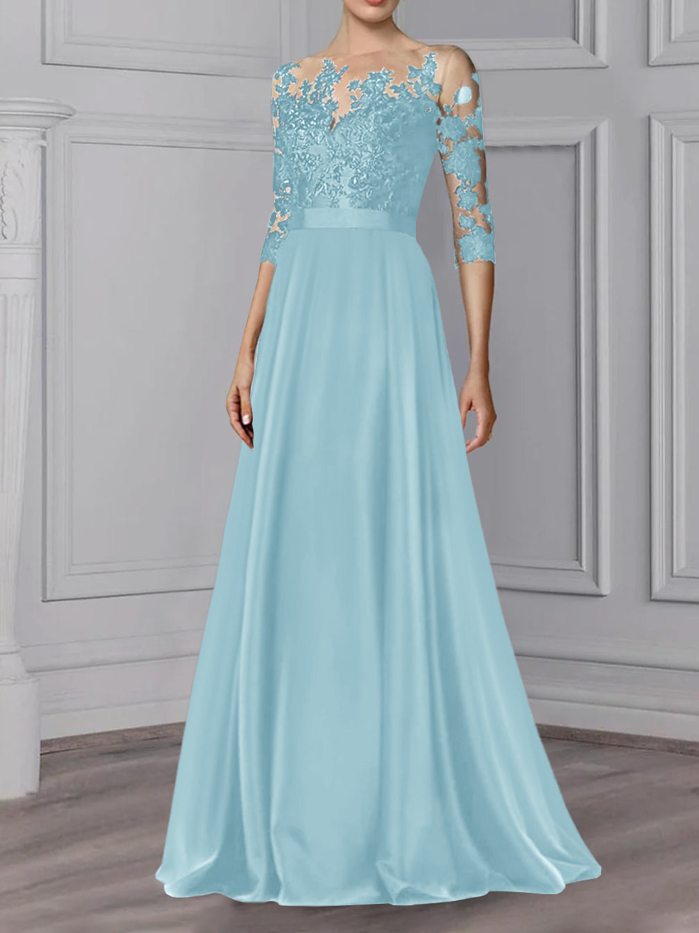 Long Mother of the Bride A Line Dress with Jewel Neck and 3/4 Sleeves
