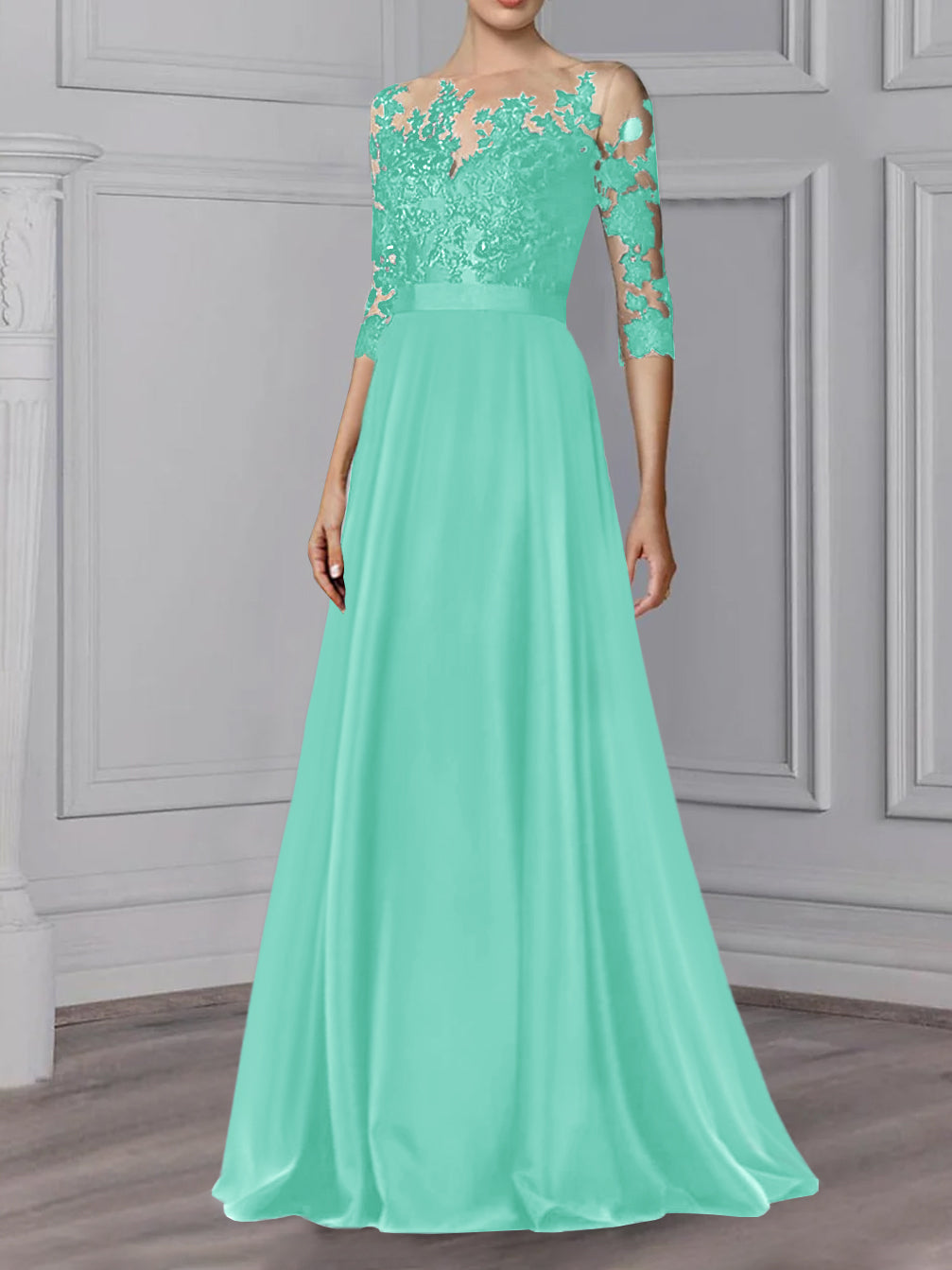 Long Mother of the Bride A Line Dress with Jewel Neck and 3/4 Sleeves