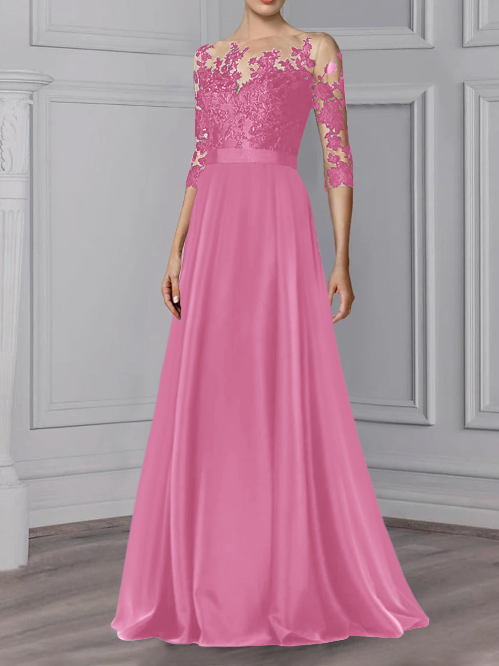 Long Mother of the Bride A Line Dress with Jewel Neck and 3/4 Sleeves
