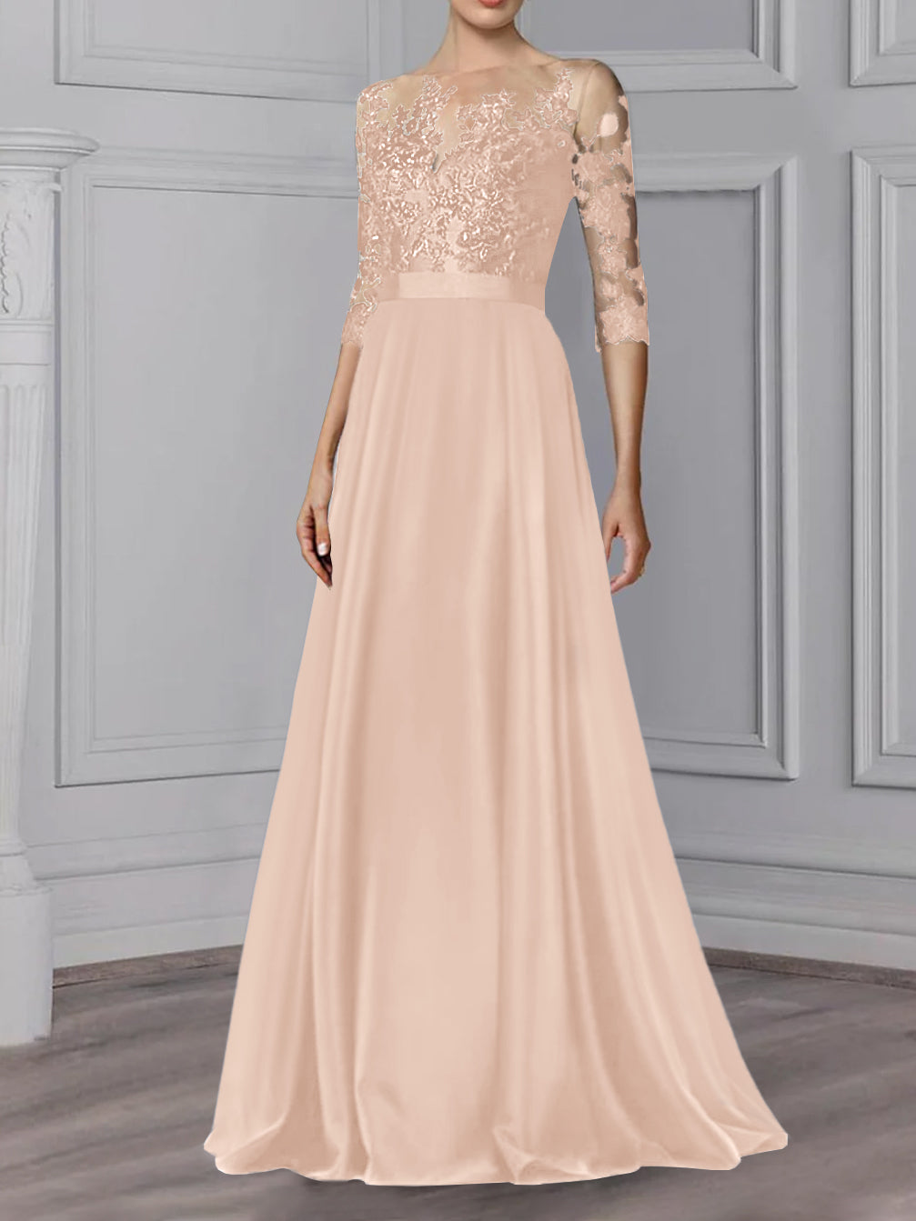 Long Mother of the Bride A Line Dress with Jewel Neck and 3/4 Sleeves