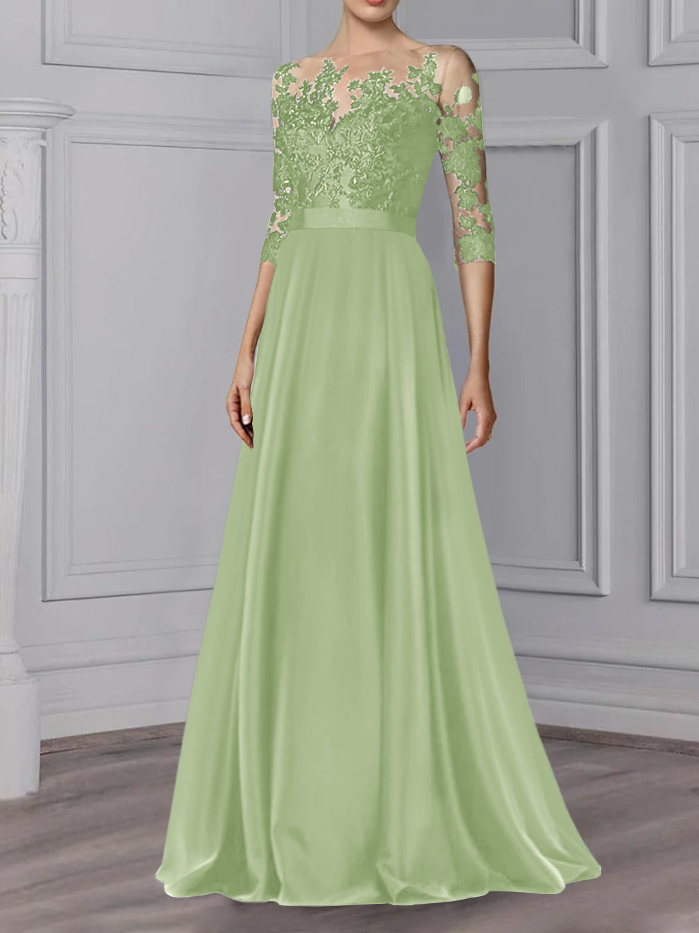 Long Mother of the Bride A Line Dress with Jewel Neck and 3/4 Sleeves