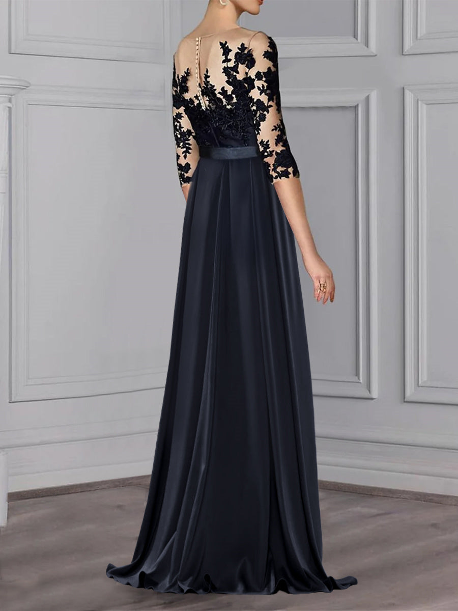 Long Mother of the Bride A Line Dress with Jewel Neck and 3/4 Sleeves