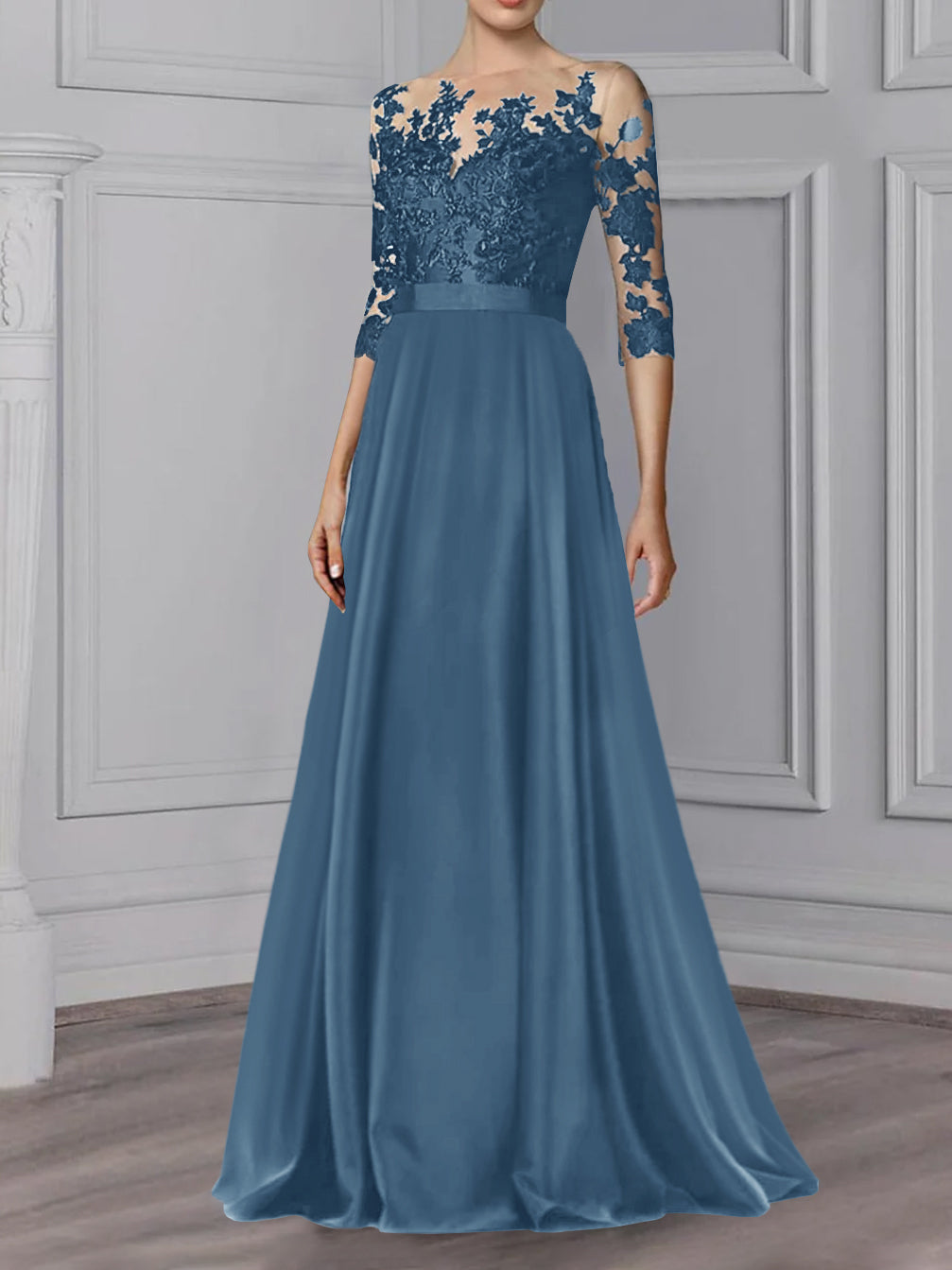 Long Mother of the Bride A Line Dress with Jewel Neck and 3/4 Sleeves