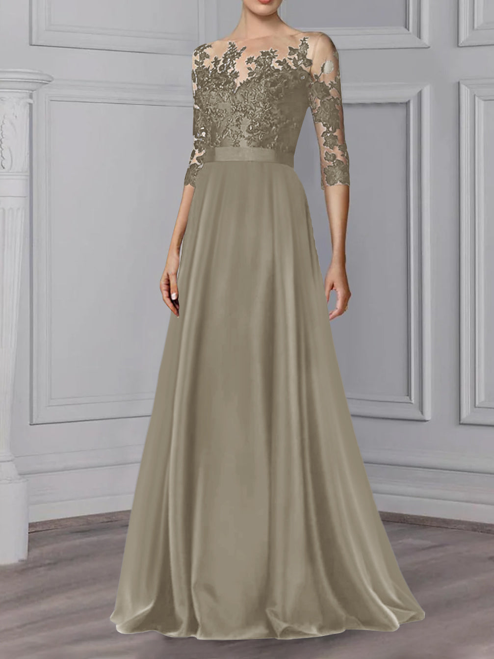 Long Mother of the Bride A Line Dress with Jewel Neck and 3/4 Sleeves