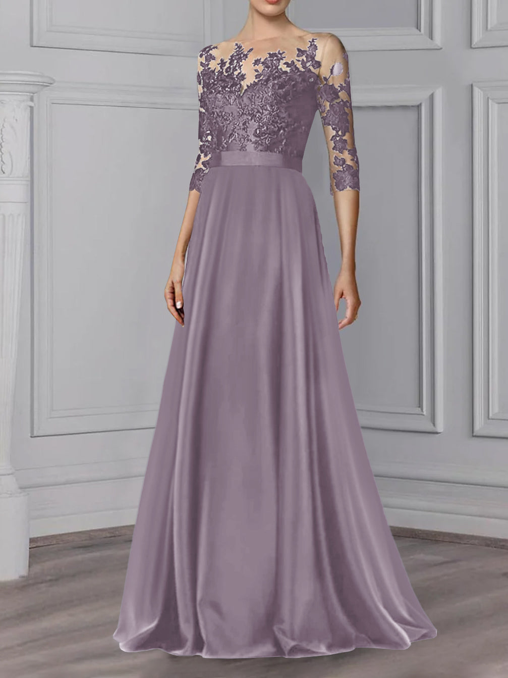 Long Mother of the Bride A Line Dress with Jewel Neck and 3/4 Sleeves