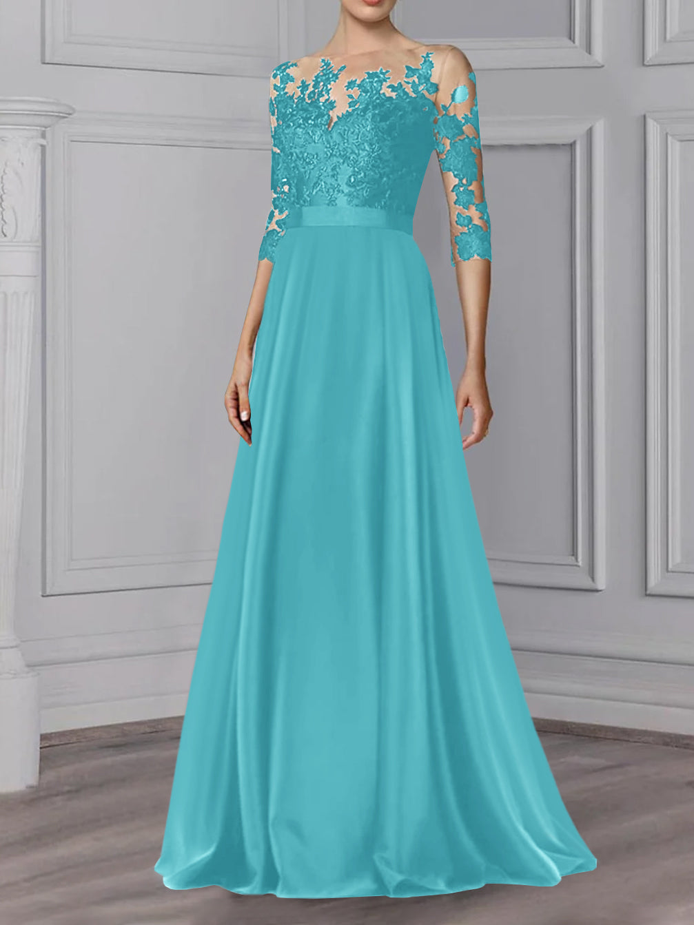 Long Mother of the Bride A Line Dress with Jewel Neck and 3/4 Sleeves