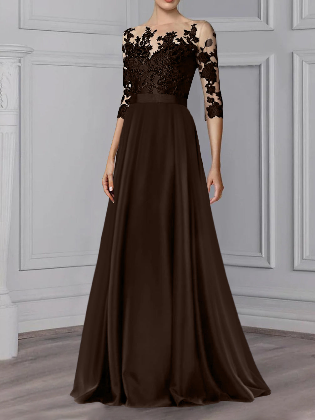 Long Mother of the Bride A Line Dress with Jewel Neck and 3/4 Sleeves