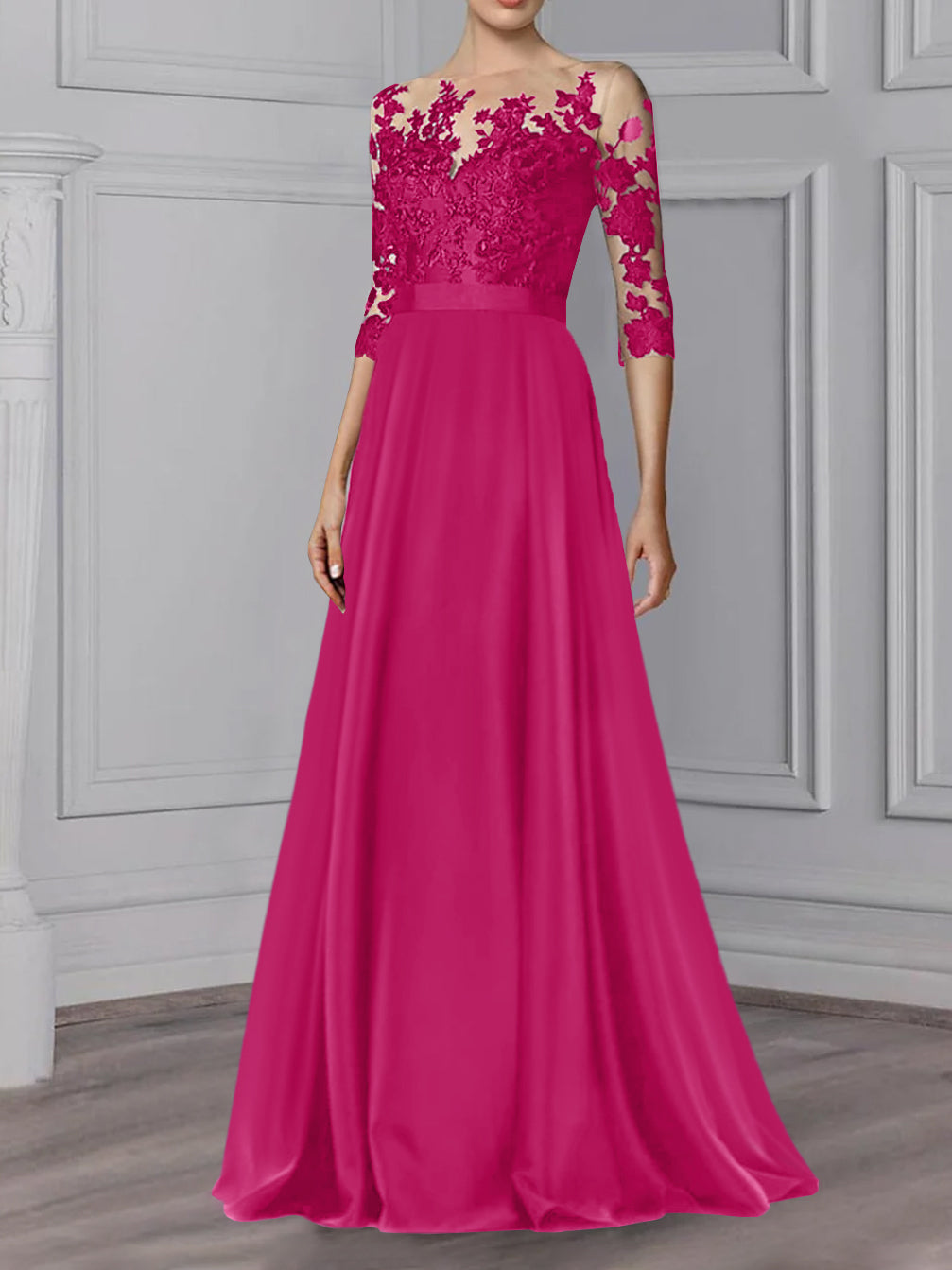 Long Mother of the Bride A Line Dress with Jewel Neck and 3/4 Sleeves