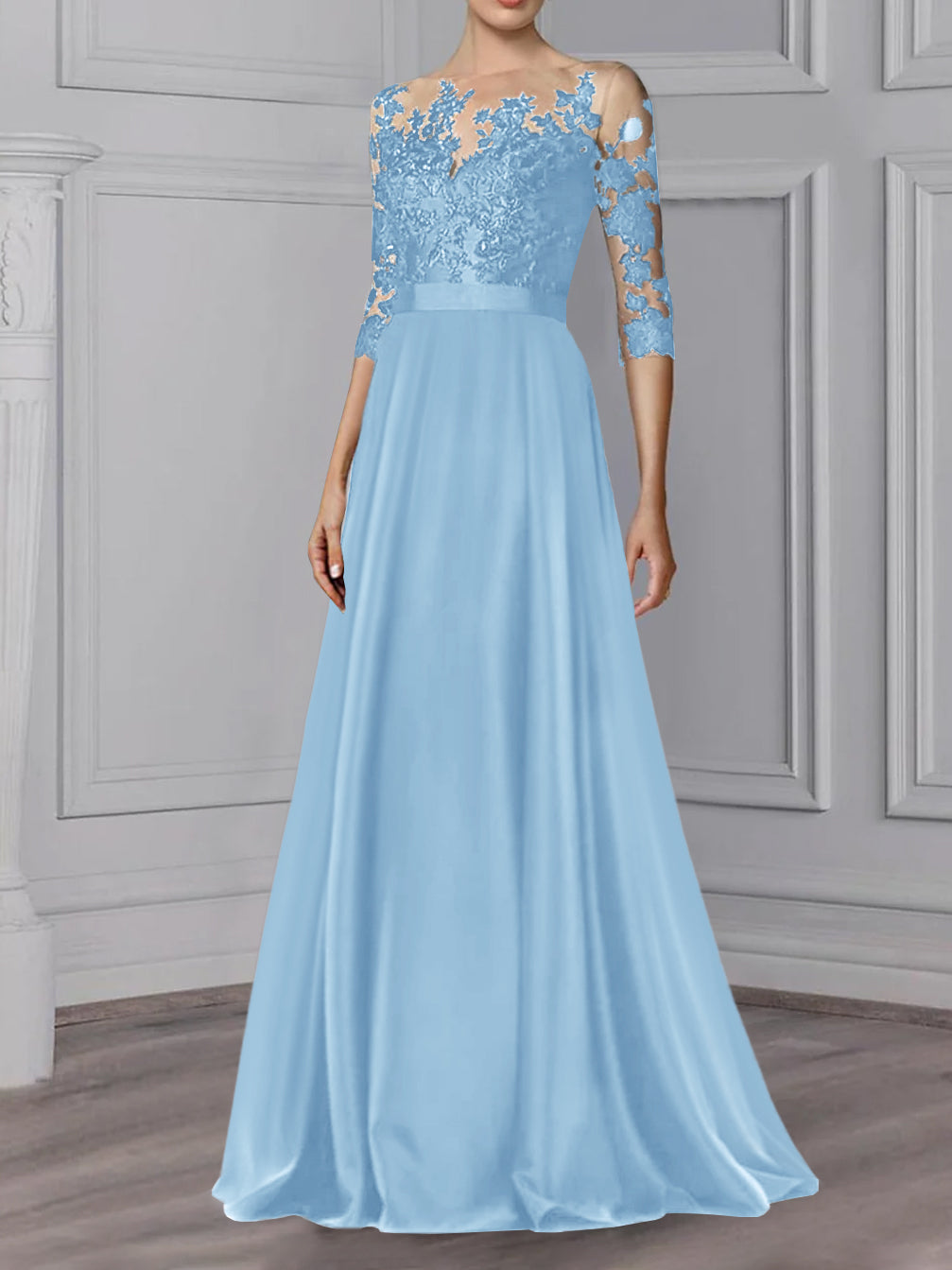 Long Mother of the Bride A Line Dress with Jewel Neck and 3/4 Sleeves