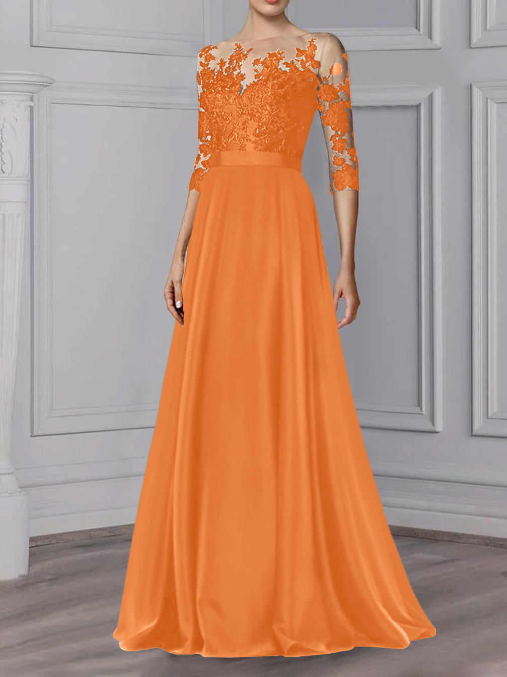 Long Mother of the Bride A Line Dress with Jewel Neck and 3/4 Sleeves