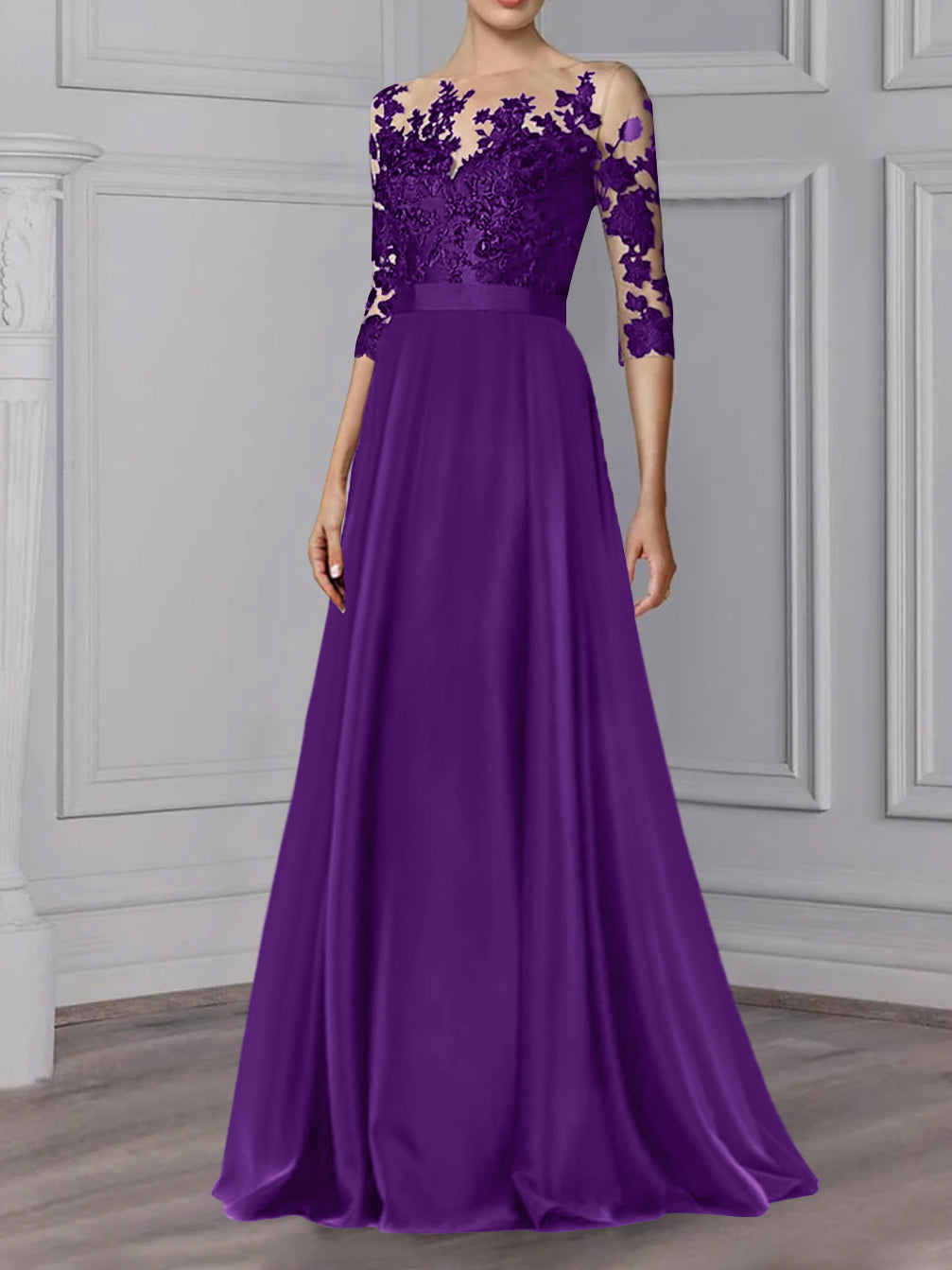 Long Mother of the Bride A Line Dress with Jewel Neck and 3/4 Sleeves