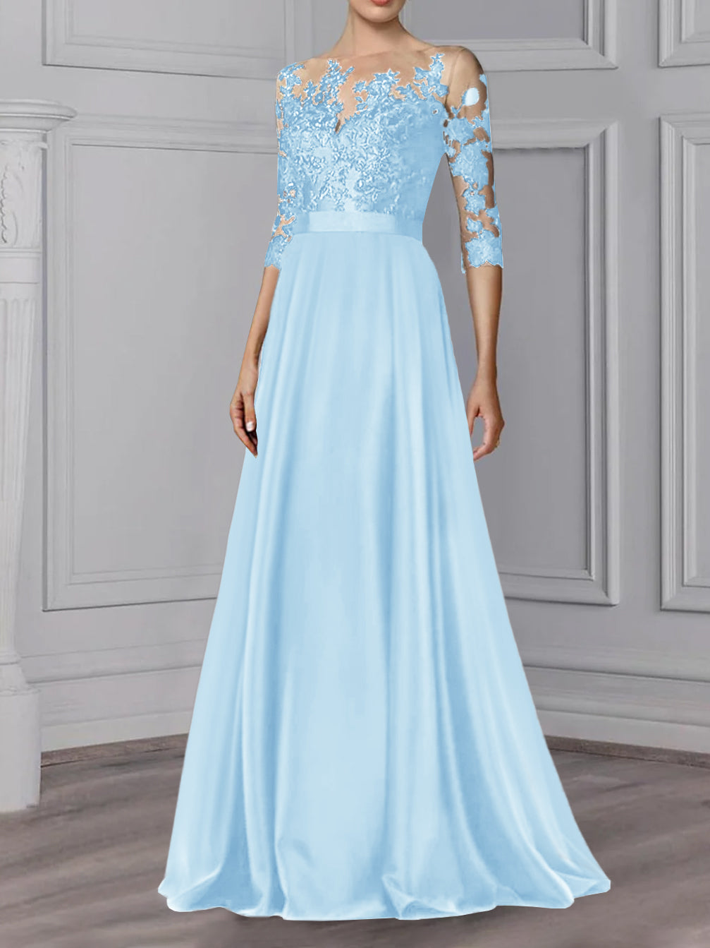 Long Mother of the Bride A Line Dress with Jewel Neck and 3/4 Sleeves