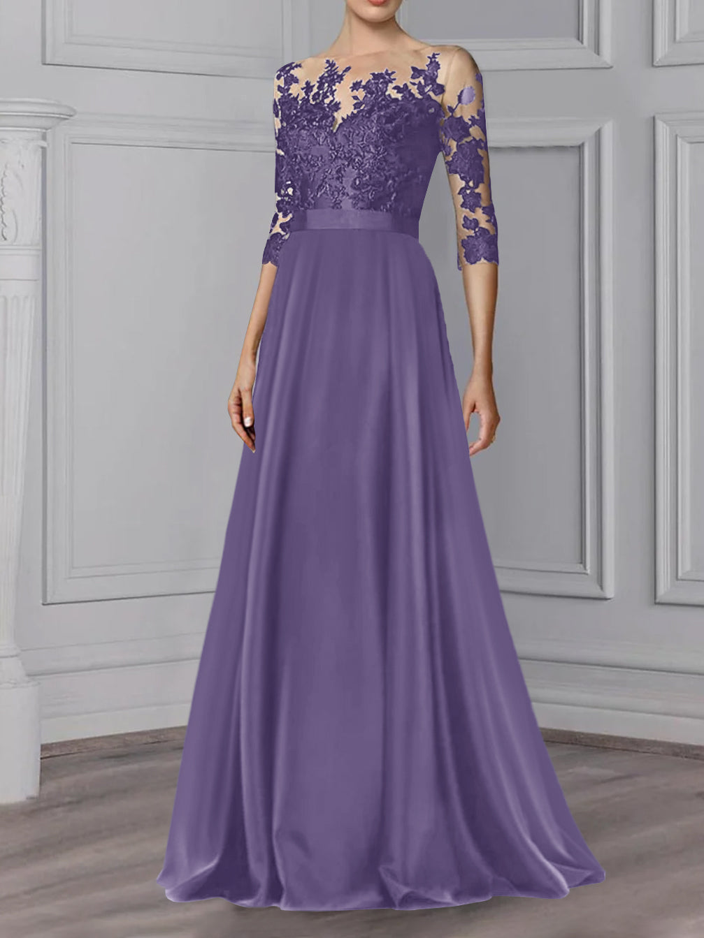 Long Mother of the Bride A Line Dress with Jewel Neck and 3/4 Sleeves