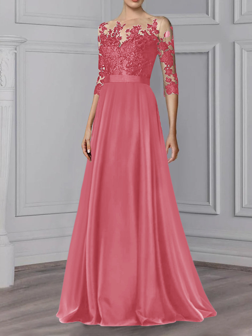 Long Mother of the Bride A Line Dress with Jewel Neck and 3/4 Sleeves