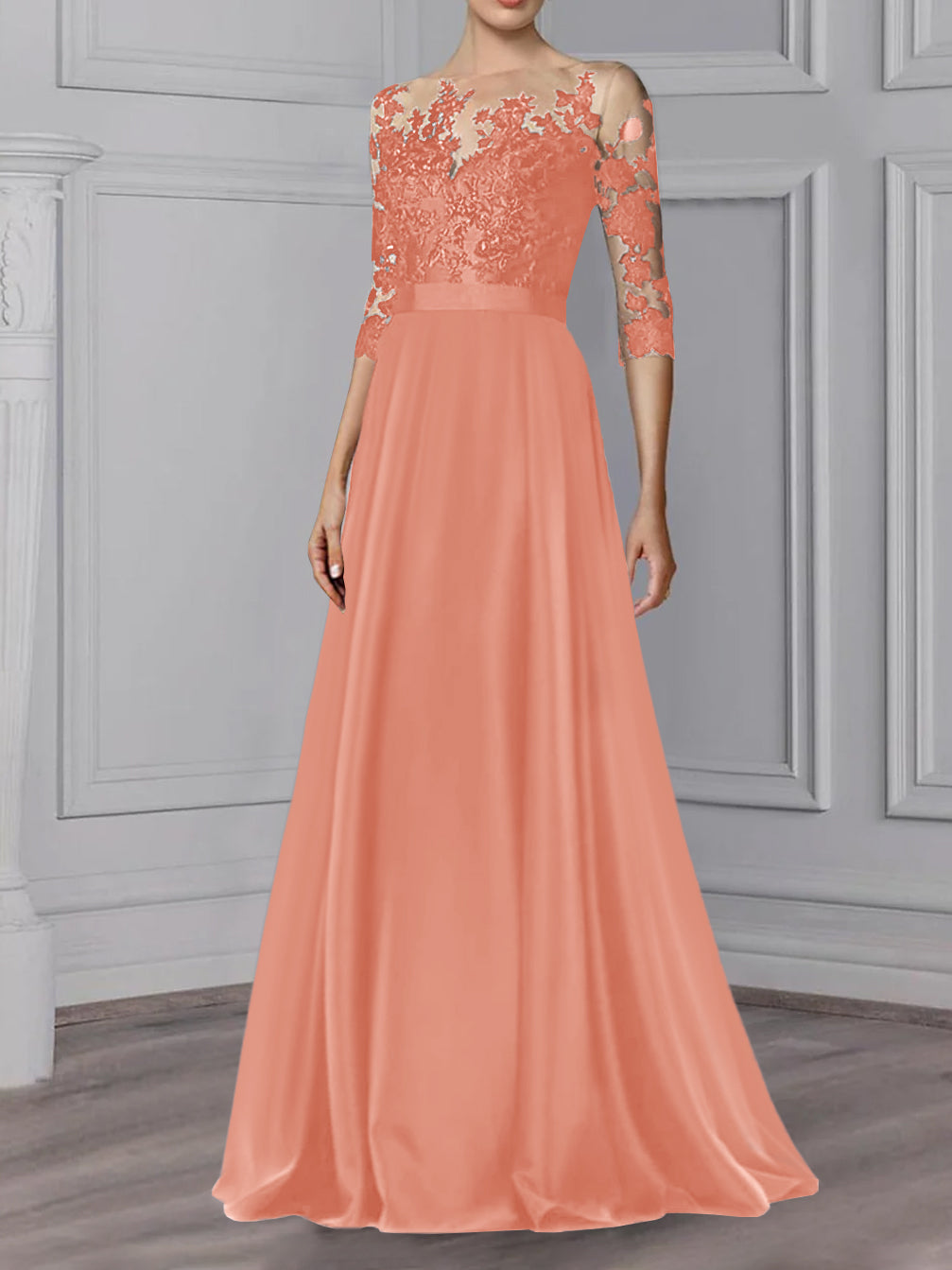 Long Mother of the Bride A Line Dress with Jewel Neck and 3/4 Sleeves