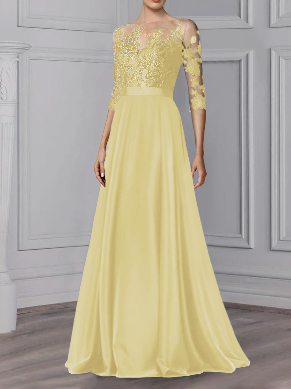 Long Mother of the Bride A Line Dress with Jewel Neck and 3/4 Sleeves