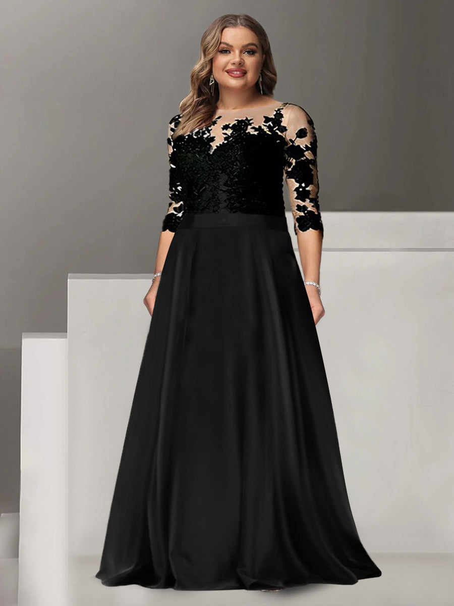 Long Mother of the Bride A Line Dress with Jewel Neck and 3/4 Sleeves