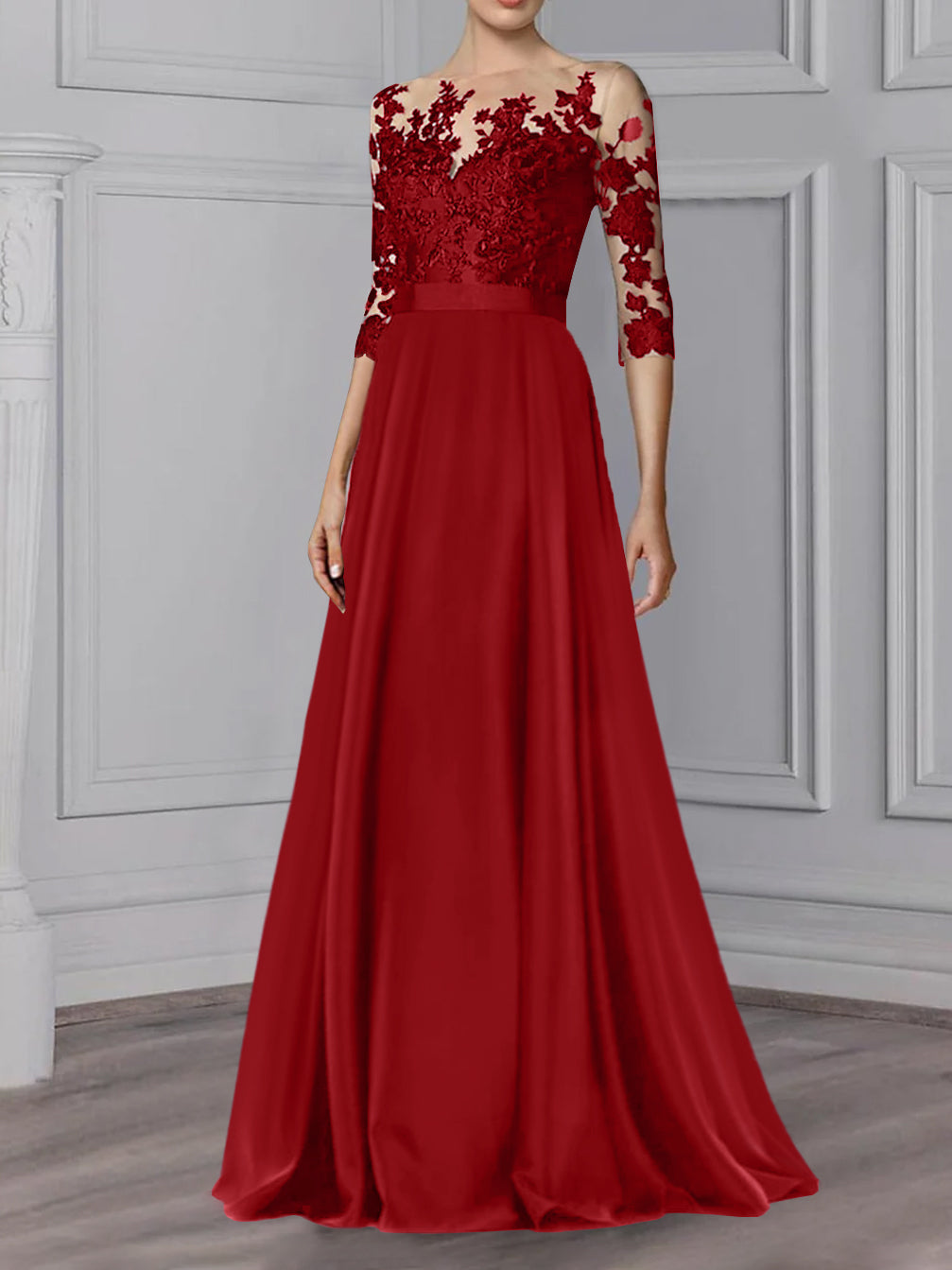 Long Mother of the Bride A Line Dress with Jewel Neck and 3/4 Sleeves