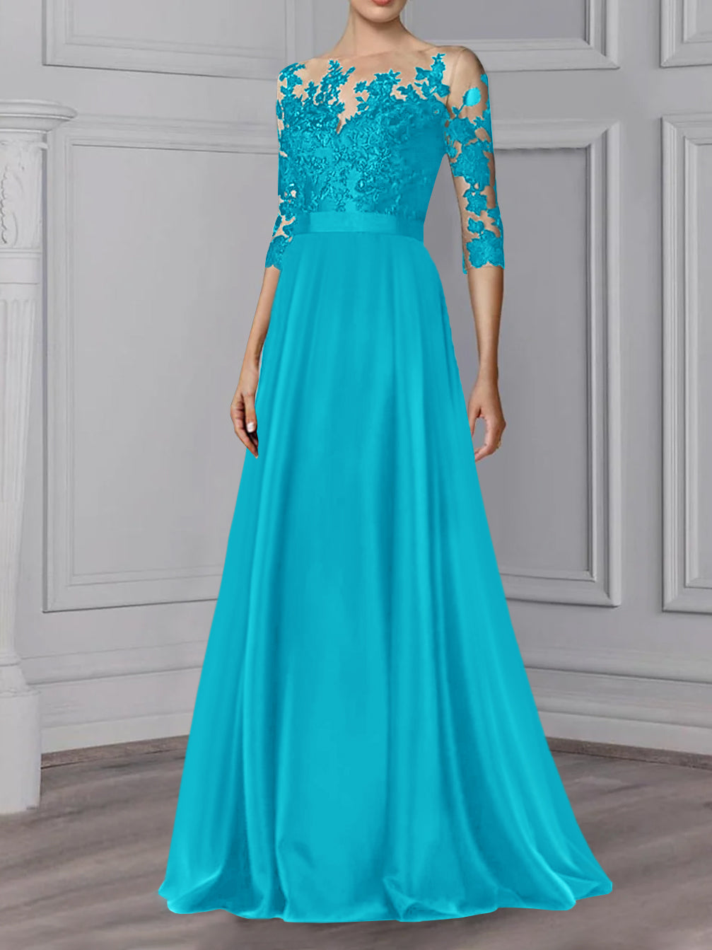 Long Mother of the Bride A Line Dress with Jewel Neck and 3/4 Sleeves